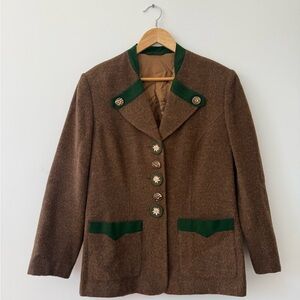 Vintage German Wool Brown Jacket with Green Trim and Decorative Antler Buttons